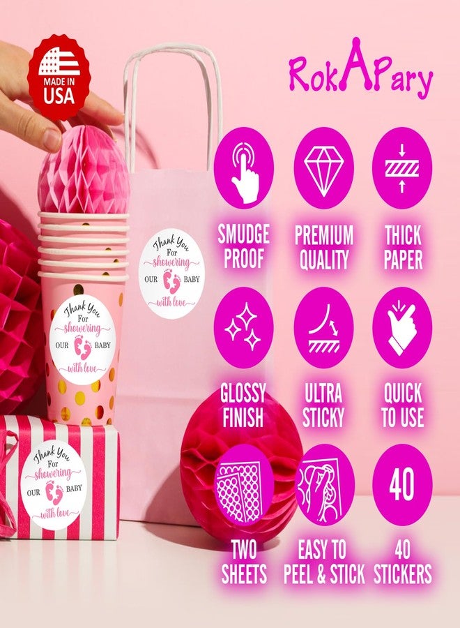 RokAPary 40 Thank You for Showering Our Baby with Love Stickers, 2 Inch Big Round Glossy Labels, Pink Footprints Theme for Girl, Great for Party Favors, Tags, Games and Supplies. Made in USA - Image 3